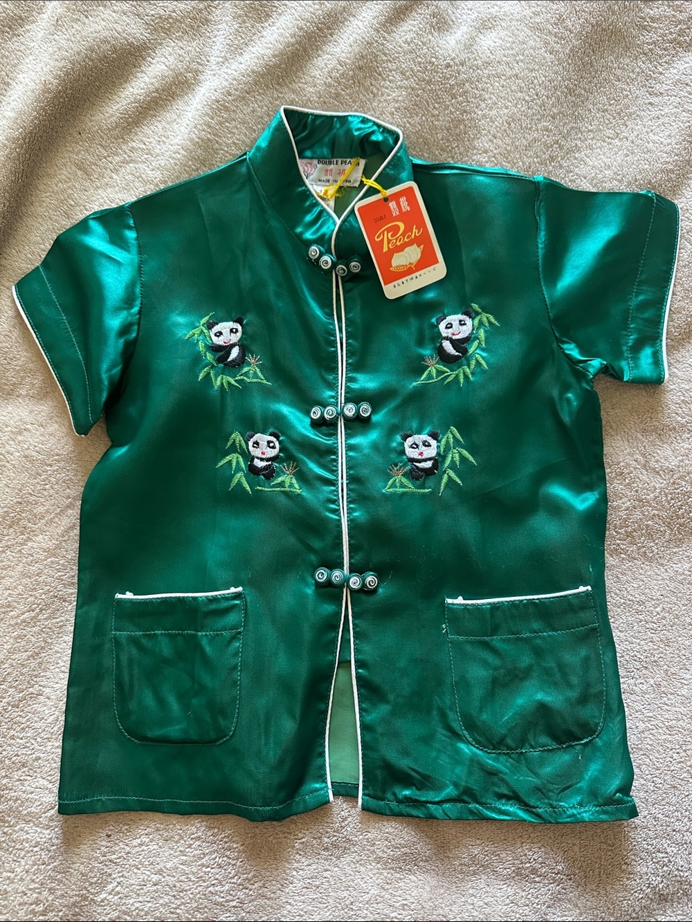 Kids Green Satin Panda Embroidered Mandarin Jacket